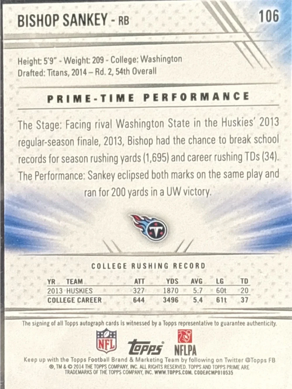 Topps Bishop Sankey Football Card - Autographed Limited Print